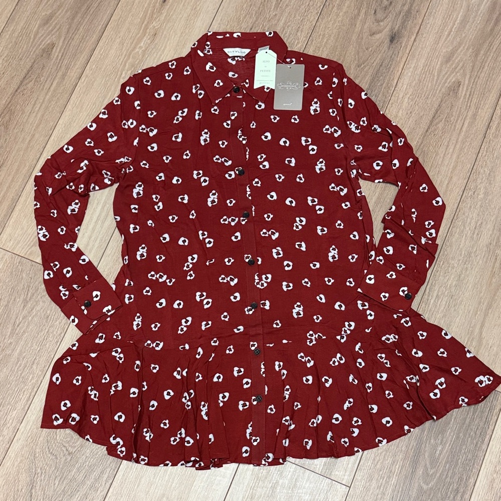 Anthropologie NWT XS (S) button down peplum Red Floral tunic mini